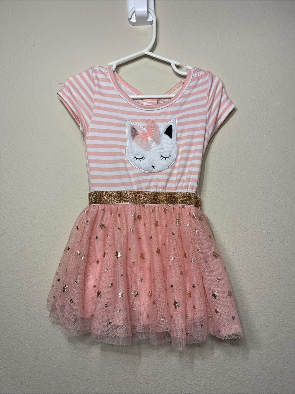 Girls Pink Cat Tulle Dress Glitter Stars Bow Party Dress